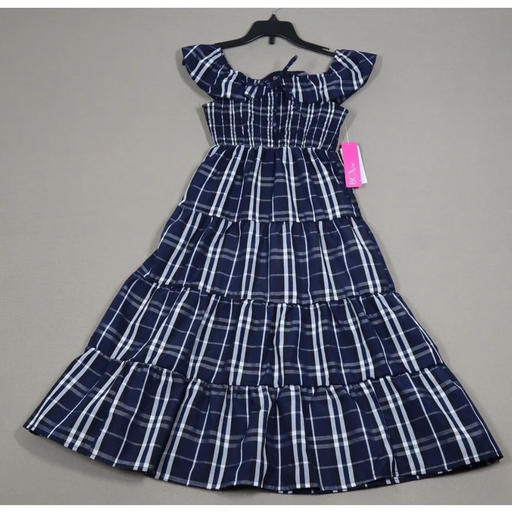 Beautees Big Girls Smocked Bodice Plaid Taffeta Tiered Maxi Dress - Navy- Size 7
